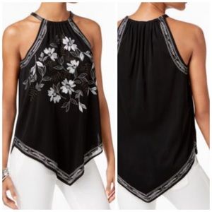 Alfani Black Embroidered Sheer Overlay Halter Tank Top Size Petite Large